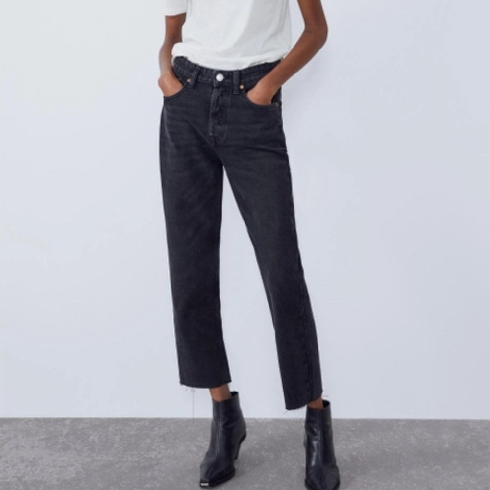 ZARA | Black High Rise Button Fly Raw Hem Denim Jeans